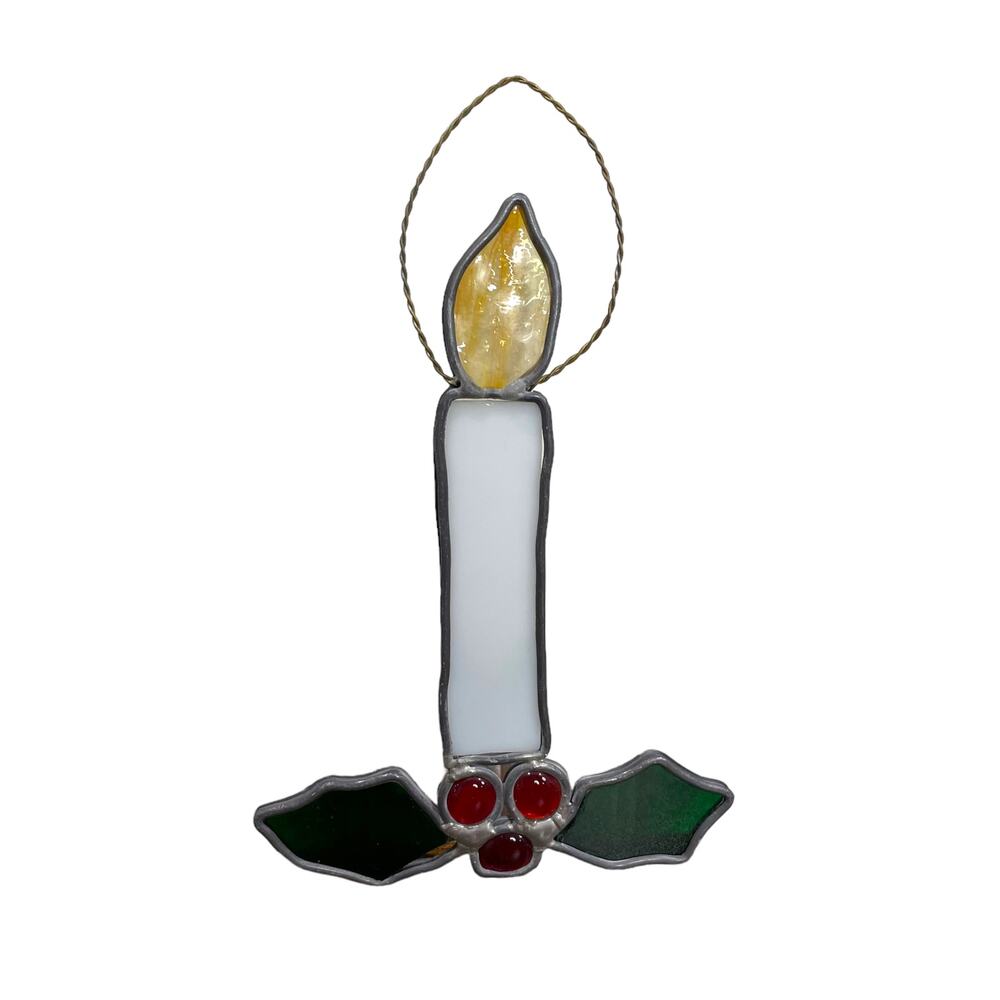 Candle Stained Glass Christmas Holiday Holly Berry Wall Hanging Ornament